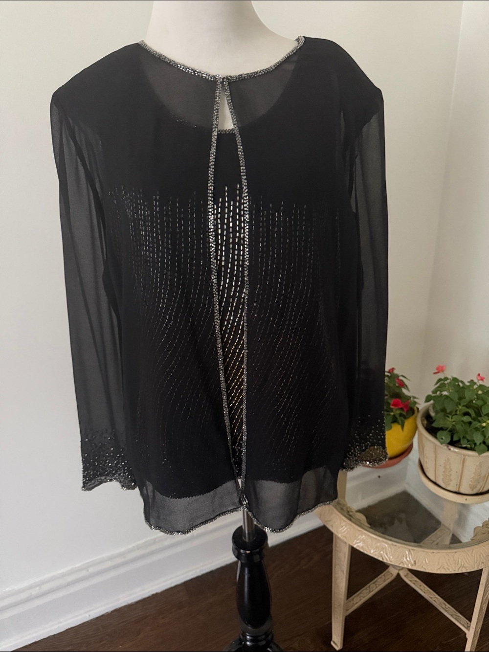 J Kara Vintage 90s Black Beaded Sheer Evening Top and Beaded Shell XL